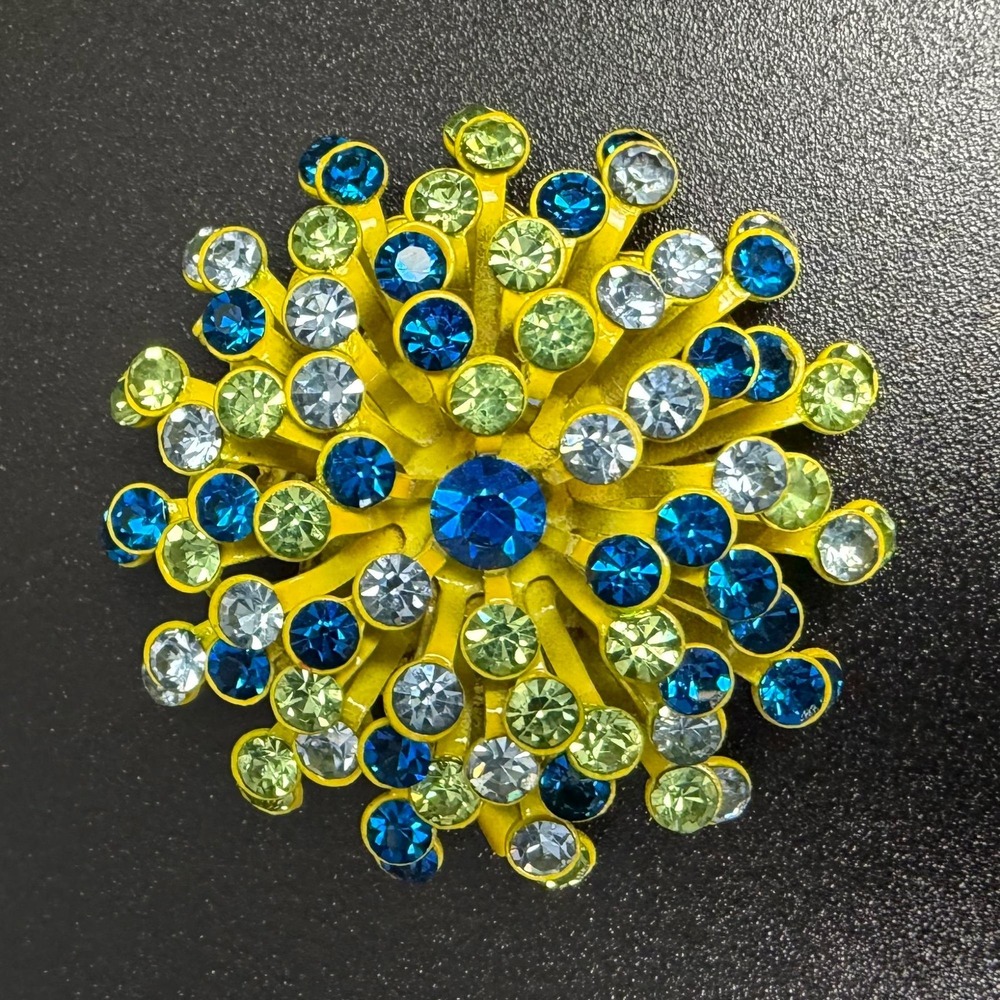 Vintage Atomic Brooch Yellow Blue Green Clear Rhinestones Sputnik Starburst - Picture 6 of 14